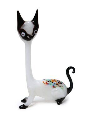 Vintage Murano Style Millefiori Glass Cat Figurine - Long Neck Siamese Black Whi